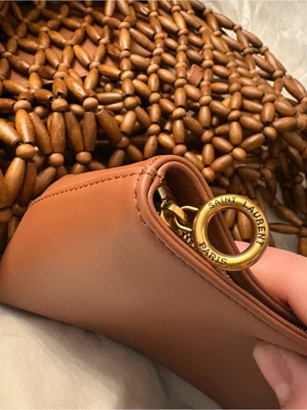 Saint Laurent Brown Woven Wood-Bead Icare medium yacht Tote with Gold YSL Italy - Picture 13 of 15